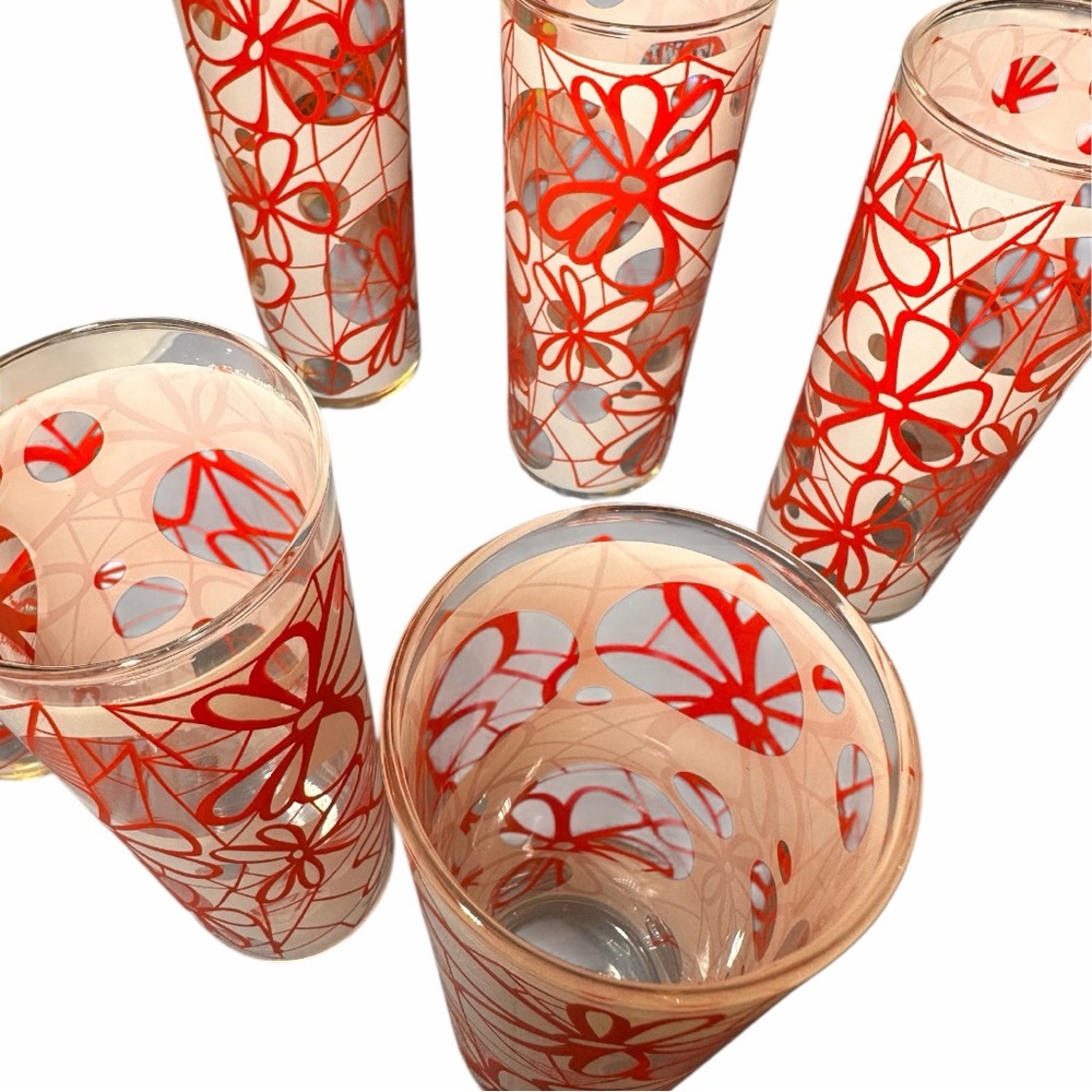 Set of 6 Vintage Dominion 10 ounce Floral Red and White High Ball Glasses (EUC) - Picture 7 of 10